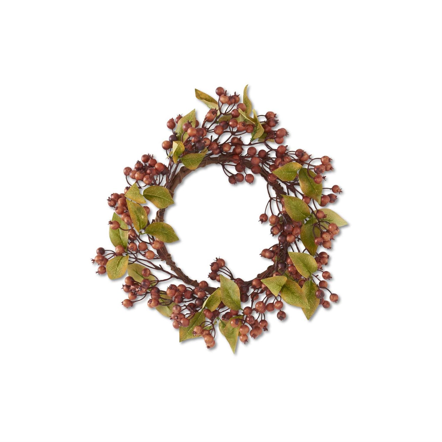 12" Brown Berry Candle Ring w/Green Leaves