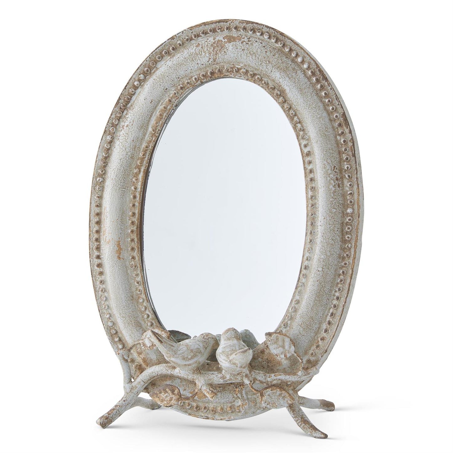 15.5 Inch Oval Metal Mirror w/Birds on Branch & Easel Stand