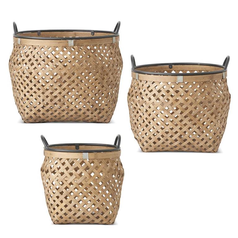 Round Bamboo Basket Weave Baskets w/Metal Trim