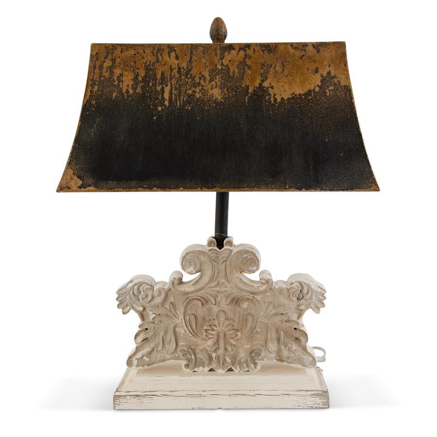 26 INCH DISTRESSED WHITE ORNATE CARVED WOOD LAMP W/METAL RECTANGLE