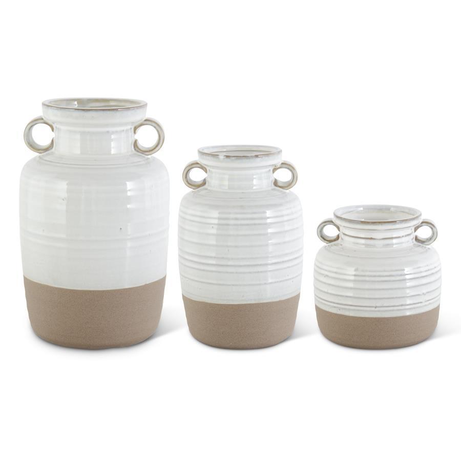 White Ceramic Double Handled Pots w/Unglazed Bottoms