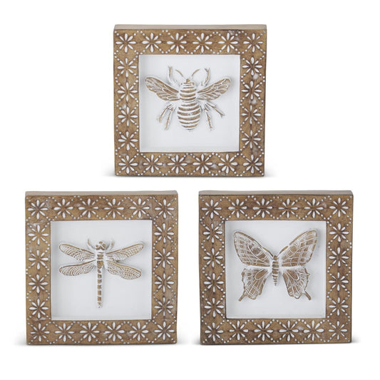 6 Inch Whitewashed Carved Resin Insect Shadow Boxes