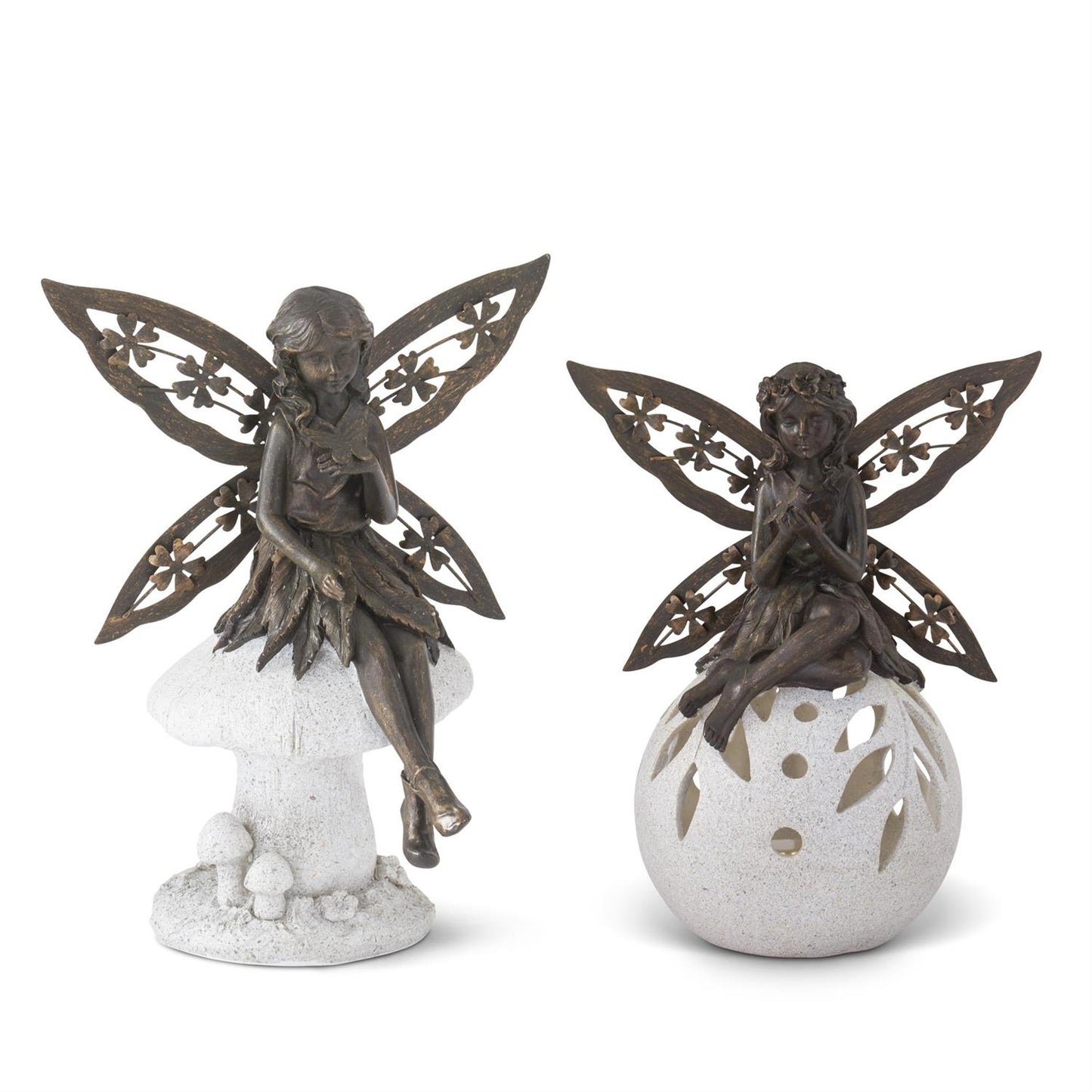 Resin Faux Bronze Fairies LED Cutout Globe & Mushroom w/Timer