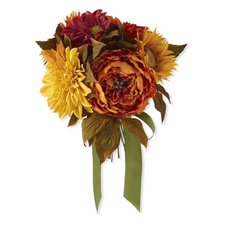 16 INCH FALL PEONY DAHLIA & SUNFLOWER BUNDLE W/GREEN SATIN RIBBON