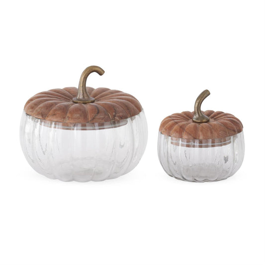 Glass Pumpkin Canisters w/Wood Lids & Metal Stem