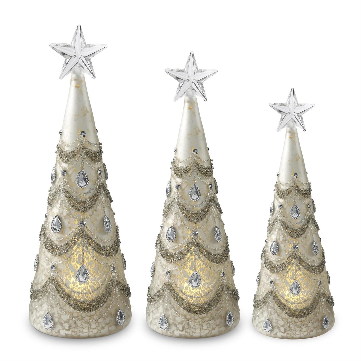 Mercury Glass Silver Jeweled LED Trees w/Timers