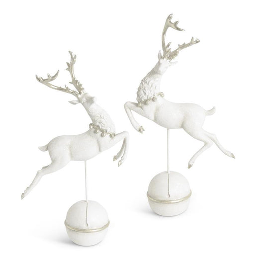 White Glittered Prancing Reindeers w/Silver Antlers on Spin