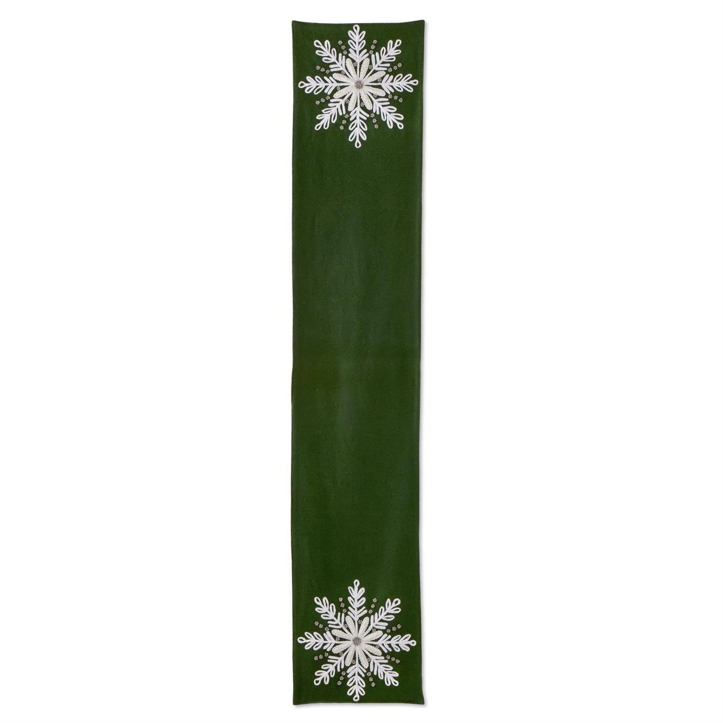 72 Inch Red Wool Table Runner w/White Beaded Snowflake Applique