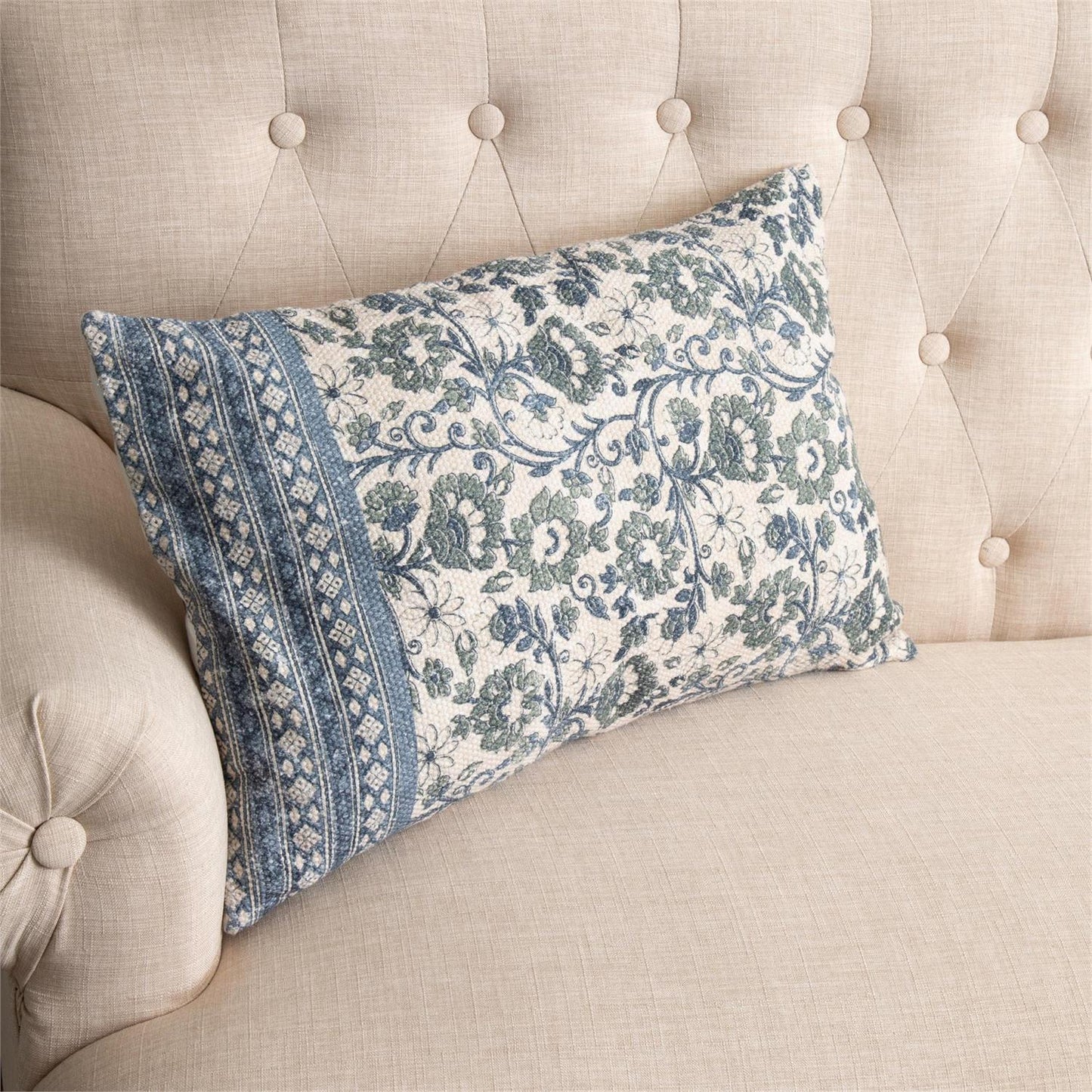Lumbar Pillow - Knubby Slub Block Print, Sage And Blue Flora
