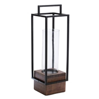 CANDLE HOLDER 6.5"SQ X 20"H IRON/WOOD (GLASS 3.75"D X 9.75"H)