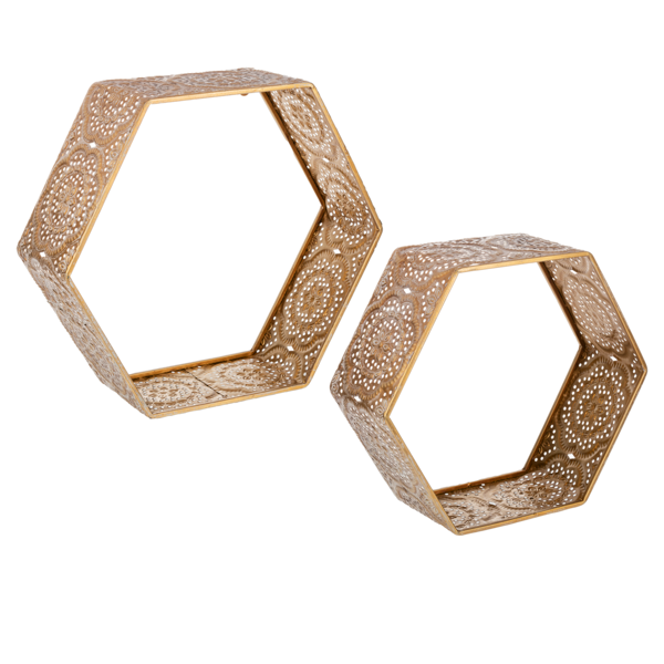 Antique Gold Stamped Metal Filigree Hexagon Wall Shelf