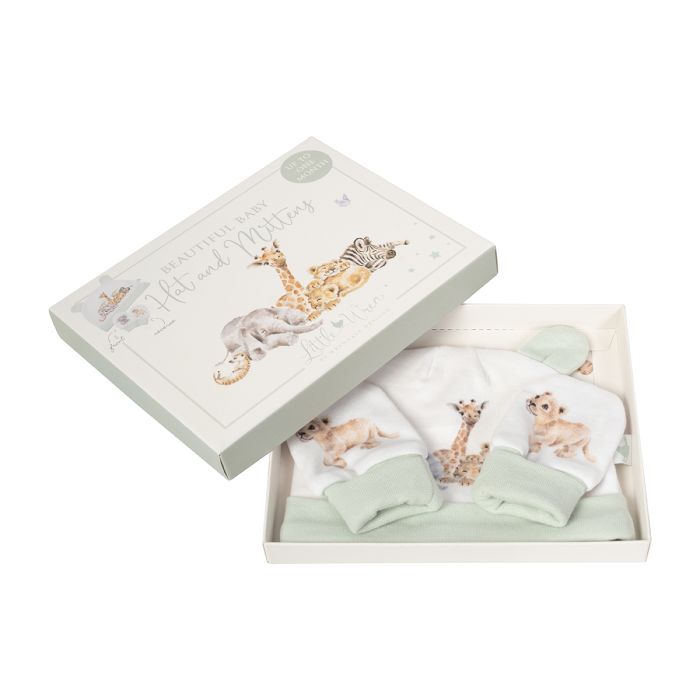 'LITTLE SAVANNAH' AFRICAN ANIMAL NEWBORN HAT AND MITTEN SET