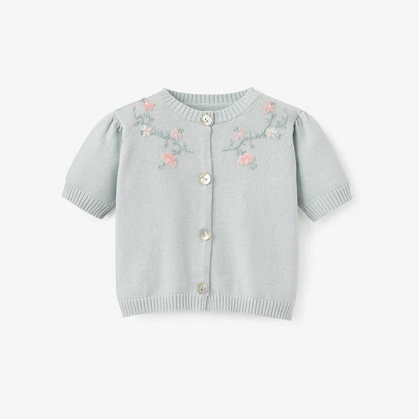 Aqua Short Sleeve Embroidered Baby Cardigan