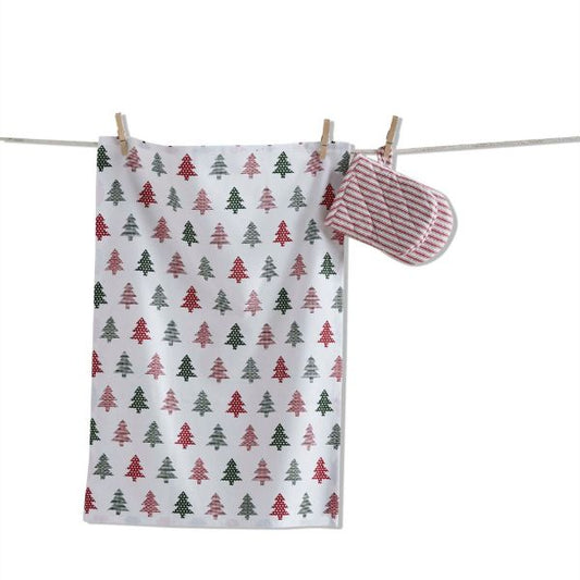 patterned tree dishtowel & mitt set - multi