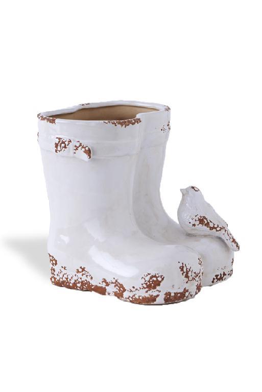 7.5 Inch White Ceramic Weathered Garden Boots Vase