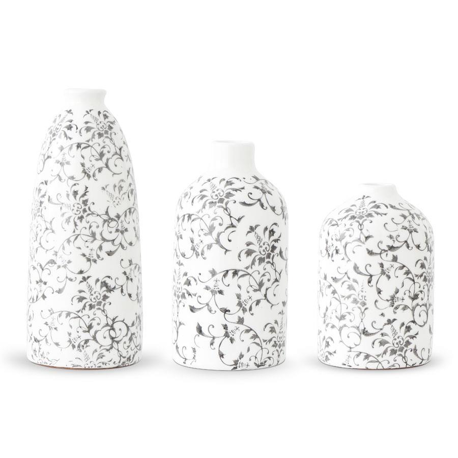 Set of 3 Gray Vine Cream Ceramic Vases