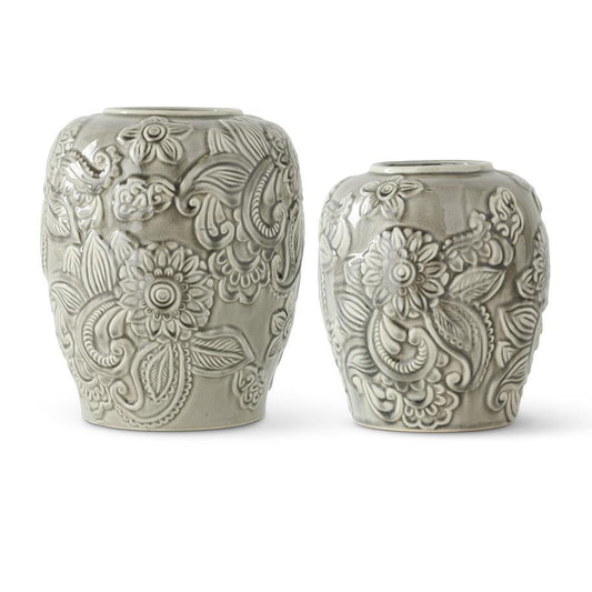 Gray Ceramic Paisley & Floral Embossed Vases