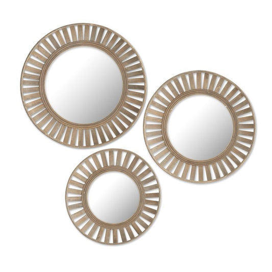 Set of 3 Round Natural Wood Slat Wall Mirrors