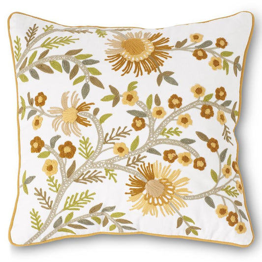 16 Inch White Square Pillow w/Yellow Embroidered Botanicals