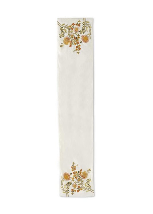 71 Inch White Table Runner w/Yellow Embroidered Botanicals