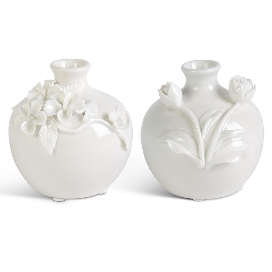 Assorted Short White Ceramic Vase w/Raised Flowers (2 Styles)