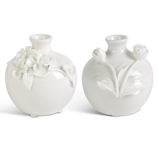 Assorted Short White Ceramic Vase w/Raised Flowers (2 Styles)