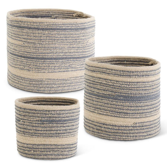 Set of 3 Round Blue and Tan Woven Rope Nesting Baskets