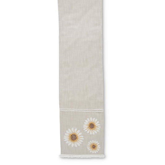 72 Inch Tan Linen Table Runner w/Embroidered Sunflowers