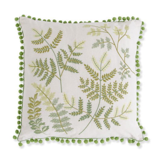 16 Inch Square Cream Pillow w/Embroidered Ferns and Green Pom Poms