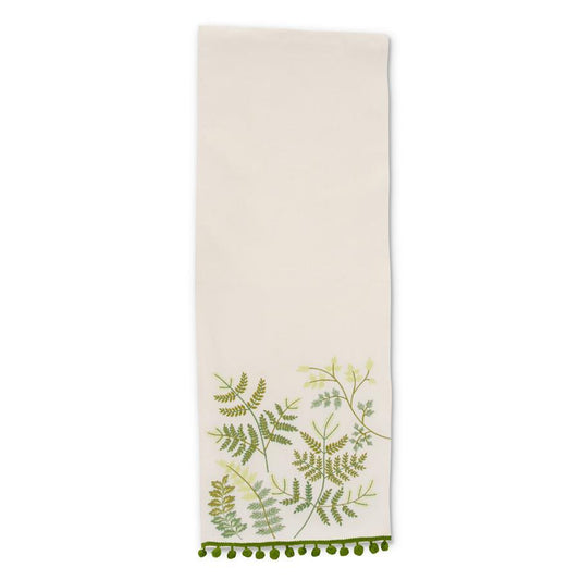 72 Inch Cream Table Runner w/Embroidered Ferns and Green Pom Poms