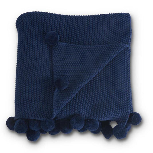 60 INCH BLUE MOSS STITCH KNIT THROW BLANKET W/POMPOM TRIM