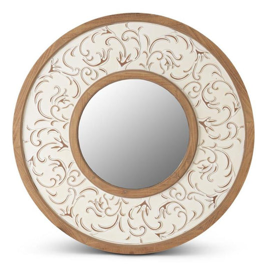 31.5 INCH ROUND NATURAL & WHITEWASHED EMBOSSED SCROLL FRAMED WALL MIRROR