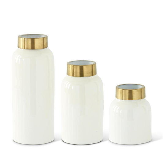 Gold Rim White Enameled Metal Vases