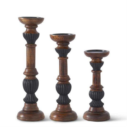 DARK BROWN & BLACK WOOD PILLAR CANDLEHOLDERS