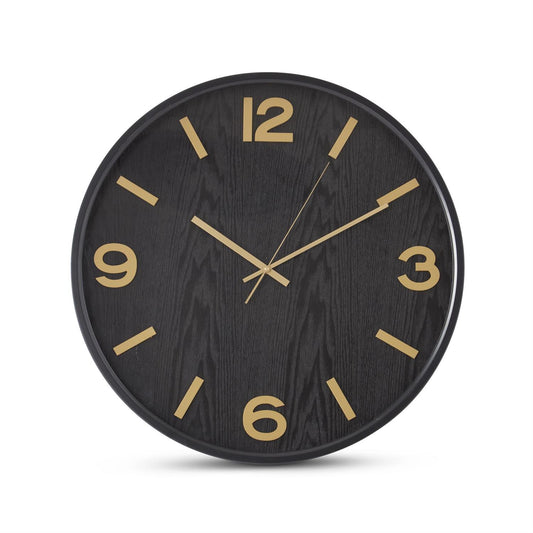 19.5 Inch Metal Framed Black Woodgrain Wall Clock w/Gold Numerals
