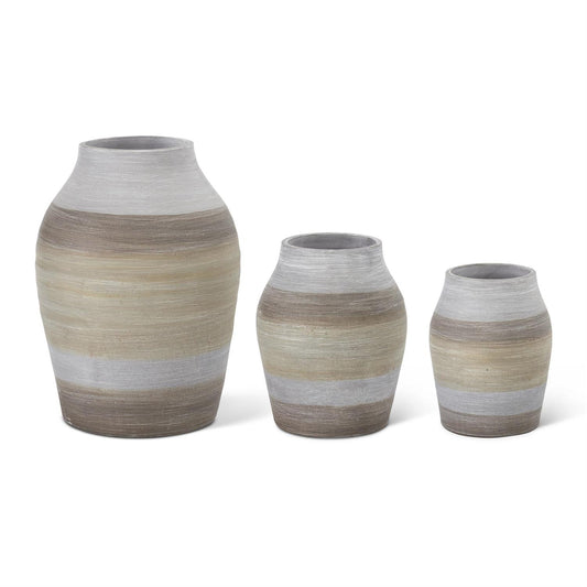 Brown Gray & Green Striped Terracotta Vases