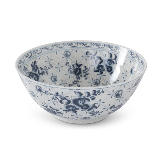 13.75 Inch White & Blue Floral Ceramic Bowl