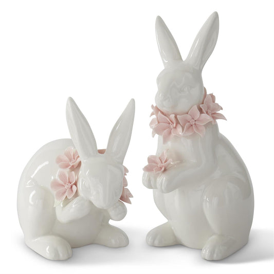 White Ceramic Easter Bunnies w/Pink Flowers