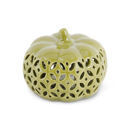 3.5 Inch Green Ceramic Cutout LED Pumpkin w/Timer