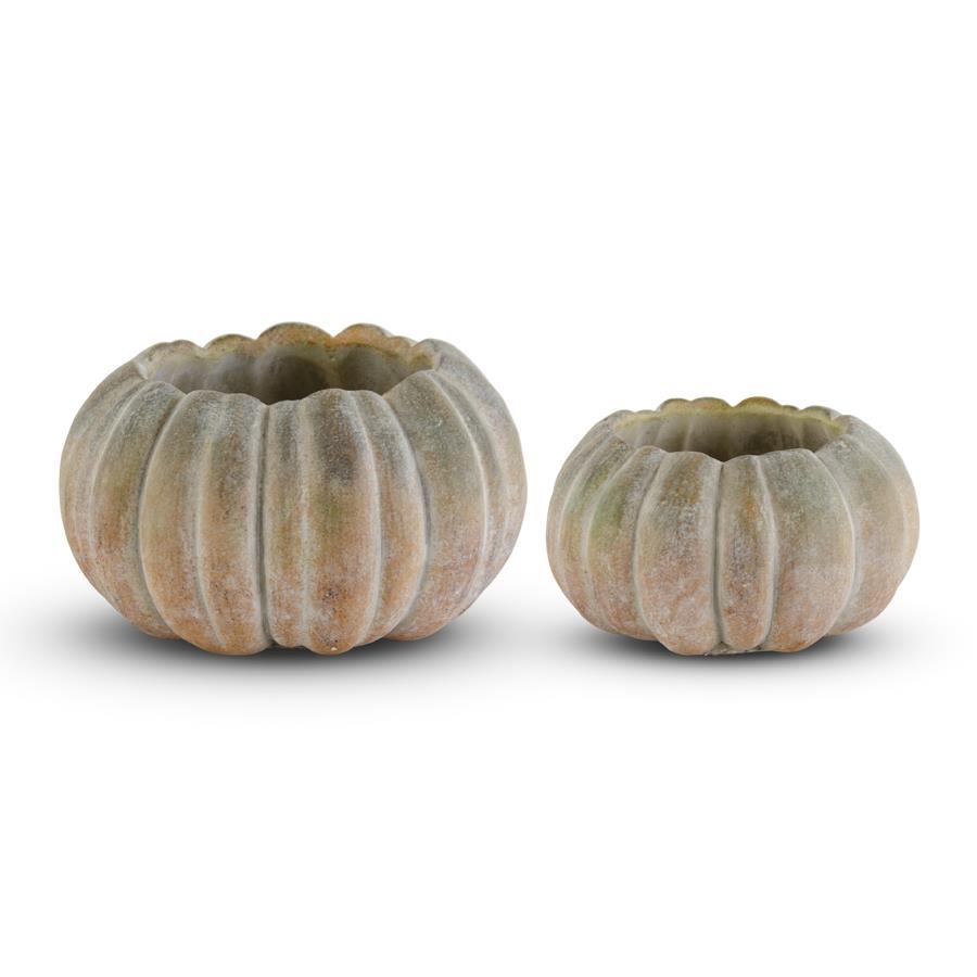 Round Whitewashed Orange and Green Cement Pumpkin Pots