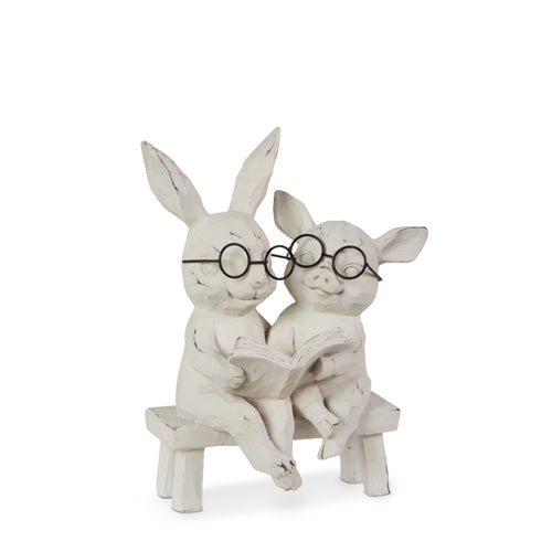 7" READING BUNNY AND PIG ON BENCH