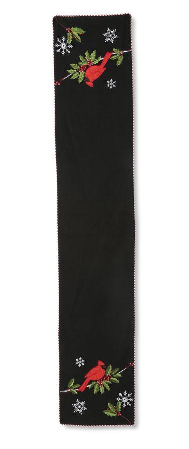 72 INCH BLACK TABLE RUNNER W/EMBROIDERED CARDINAL