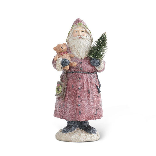 12.75 INCH VINTAGE RESIN GLITTERED SANTA HOLDING BEAR AND TREE