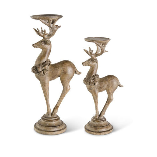 Resin Light Brown Deer Candleholders w/Antique Finish