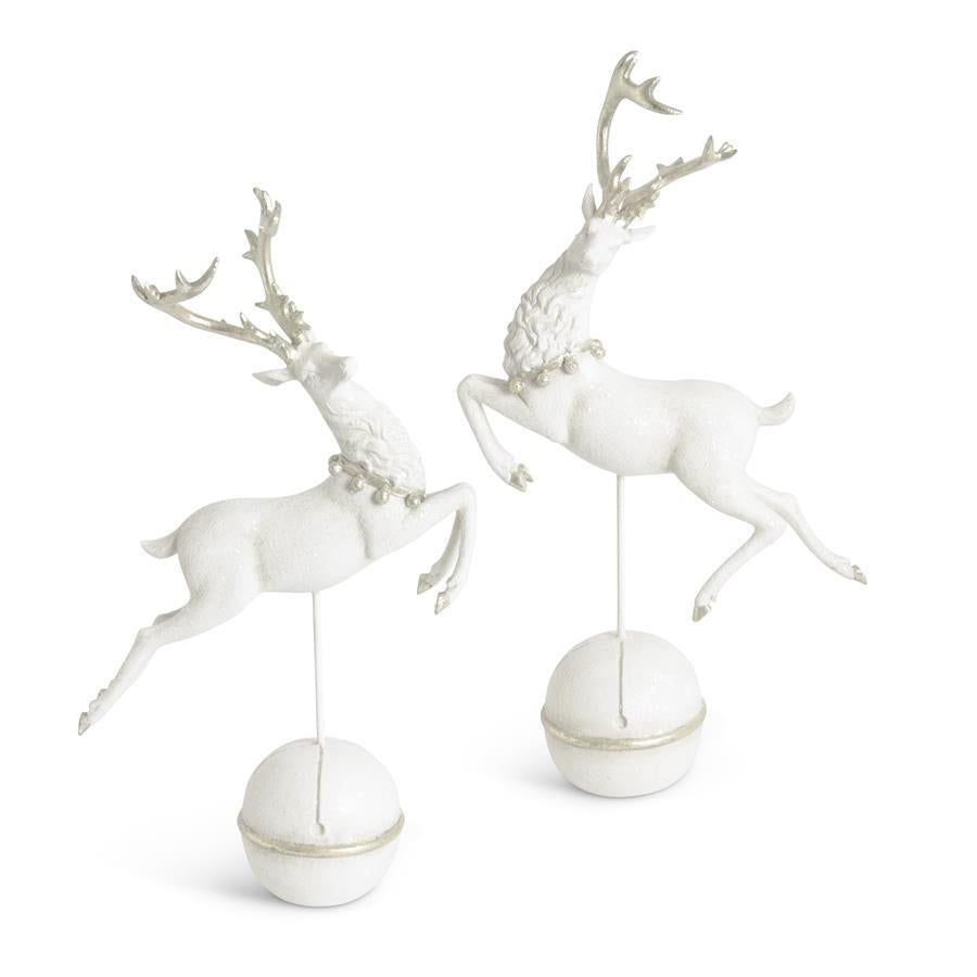 White Glittered Prancing Reindeers w/Silver Antlers on Spin