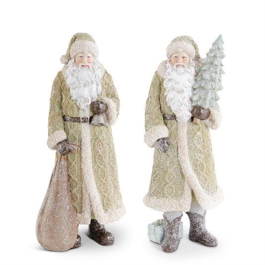 GLITTERED RESIN SANTAS IN OLIVE GREEN COAT