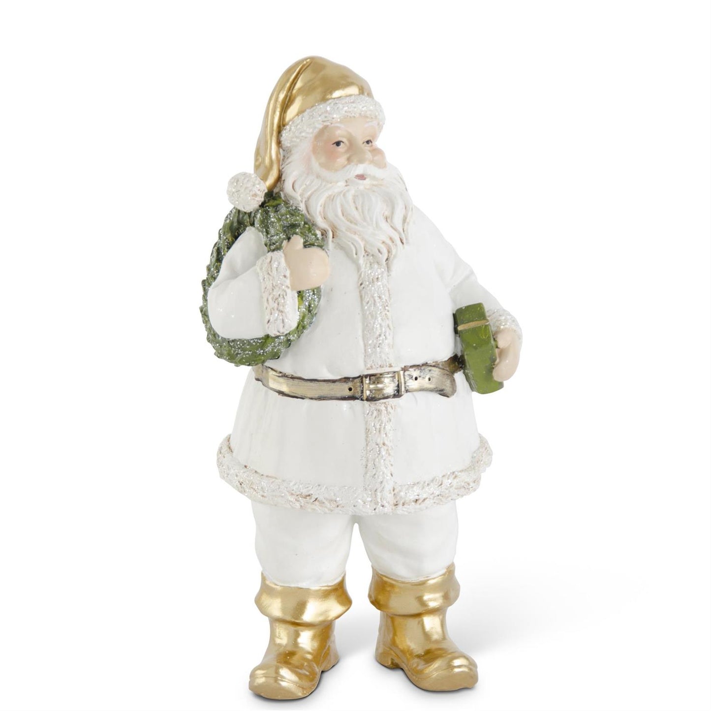 9 INCH WHITE & GOLD RESIN SANTA W/WREATH & PACKAGE