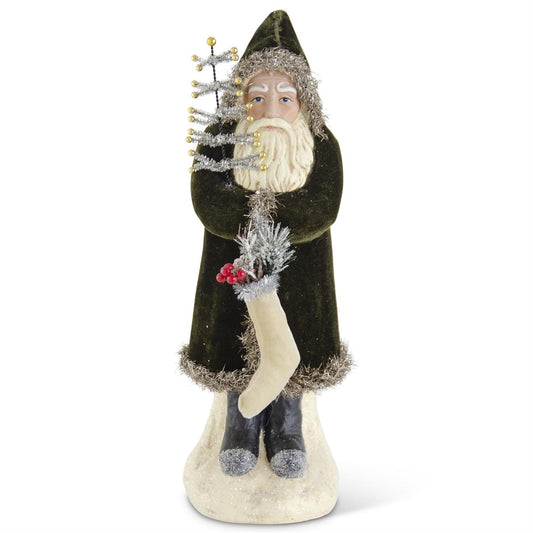 16.75 Inch Santa w/Dark Green Coat Holding Tree & Stocking