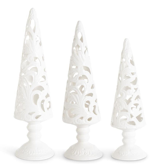 CREAM SCROLL CUTOUT TREE CANDLEHOLDERS