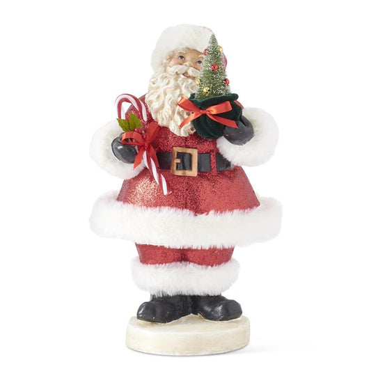 14.75 INCH VINTAGE SANTA W/RED GLITTERED COAT HOLDING CANDY CANE